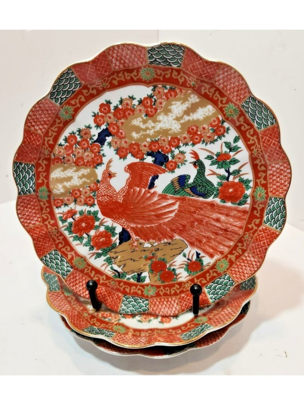 Vtg Arita Imari Red Peacock Set of 3 Porcelain Salad Plates Scalloped Edges 7"